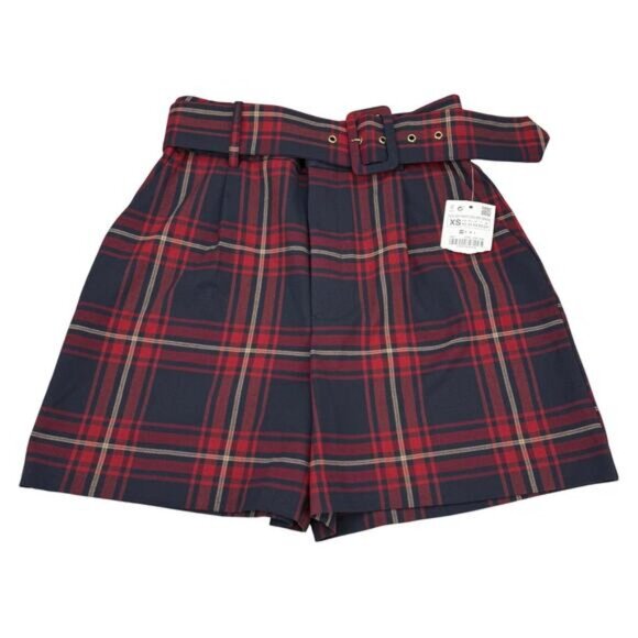 NWT ZARA Plaid Belted Shorts Size XS Red Blue - Picture 6 of 9